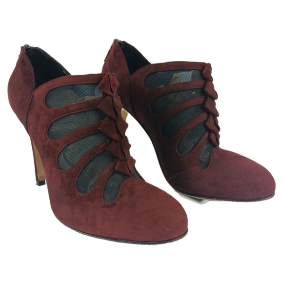Sarah Flint Burgundy Blake Ankle Boots Suede Booties Mesh Cutouts Pumps Heels - Picture 13 of 15